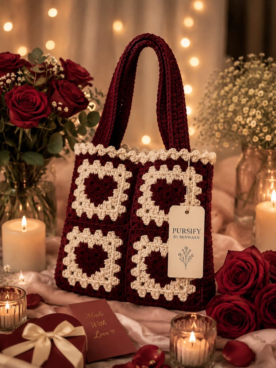Crimson Tiara Crochet Bag by Pursify by Minwaan — deep red granny squares with cream centres
