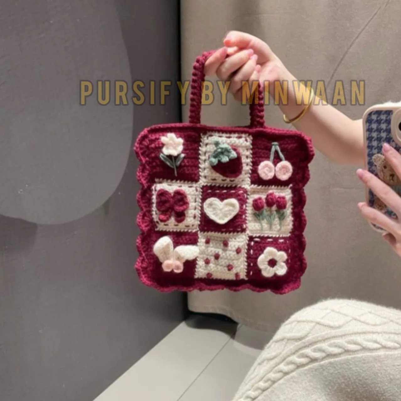 Hand-crocheted charm squares on the Curio Patchwork bag by Pursify by Minwaan