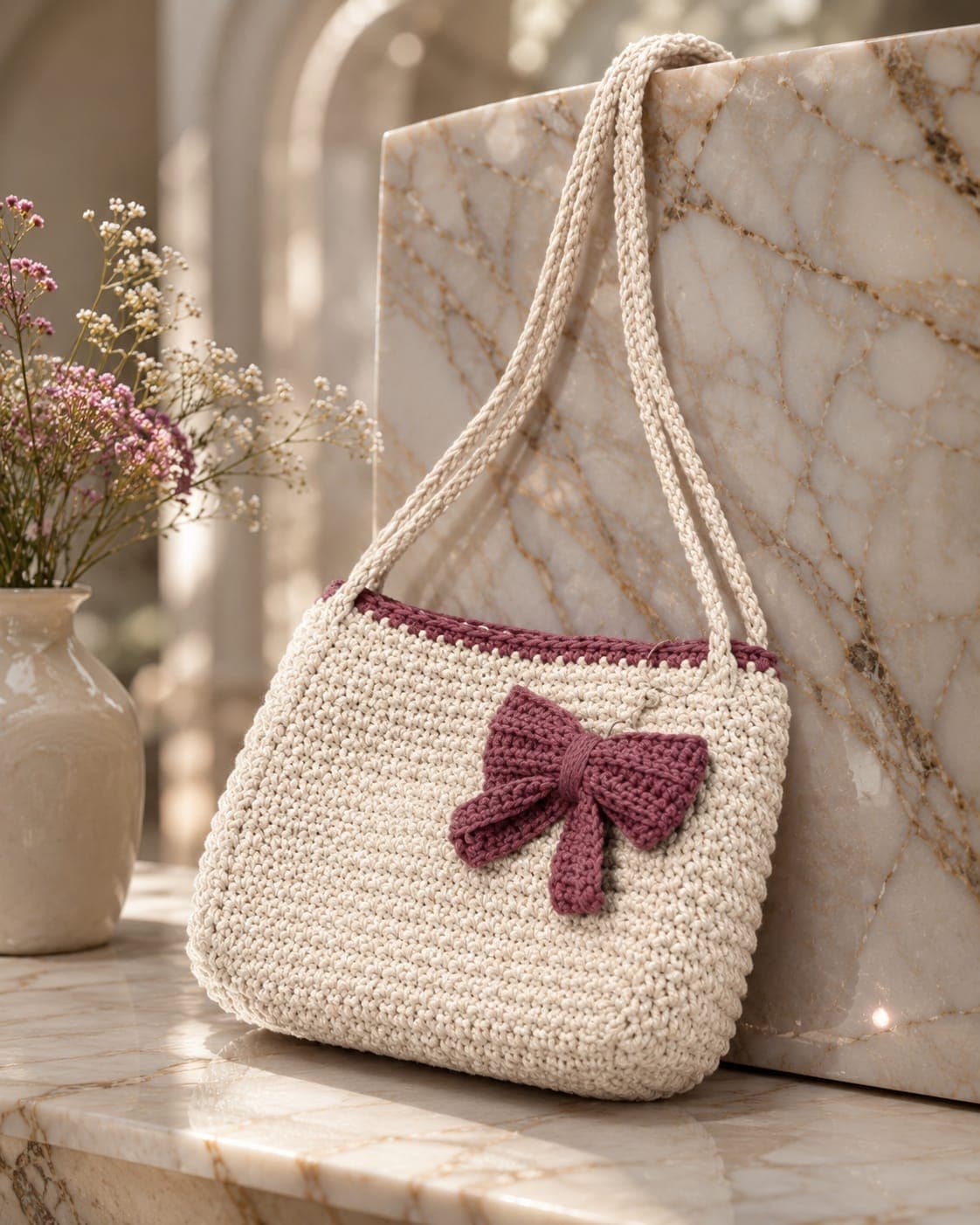 Ribbon Muse Crochet Bag by Pursify by Minwaan — cream body with a berry crocheted bow
