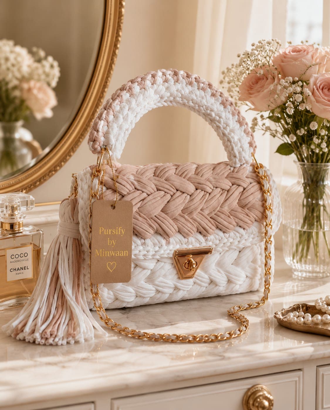 Sunbeam Tassel Crochet Bag by Pursify by Minwaan — chunky knit with a gold twist-lock and tassel
