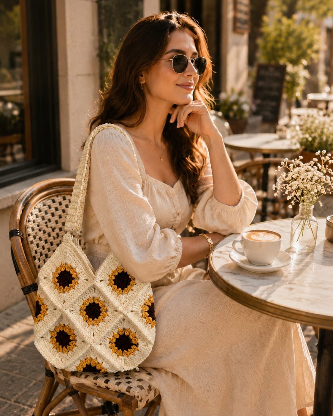 Sunflower Field Crochet Bag by Pursify by Minwaan — ivory hobo with sunflower granny squares