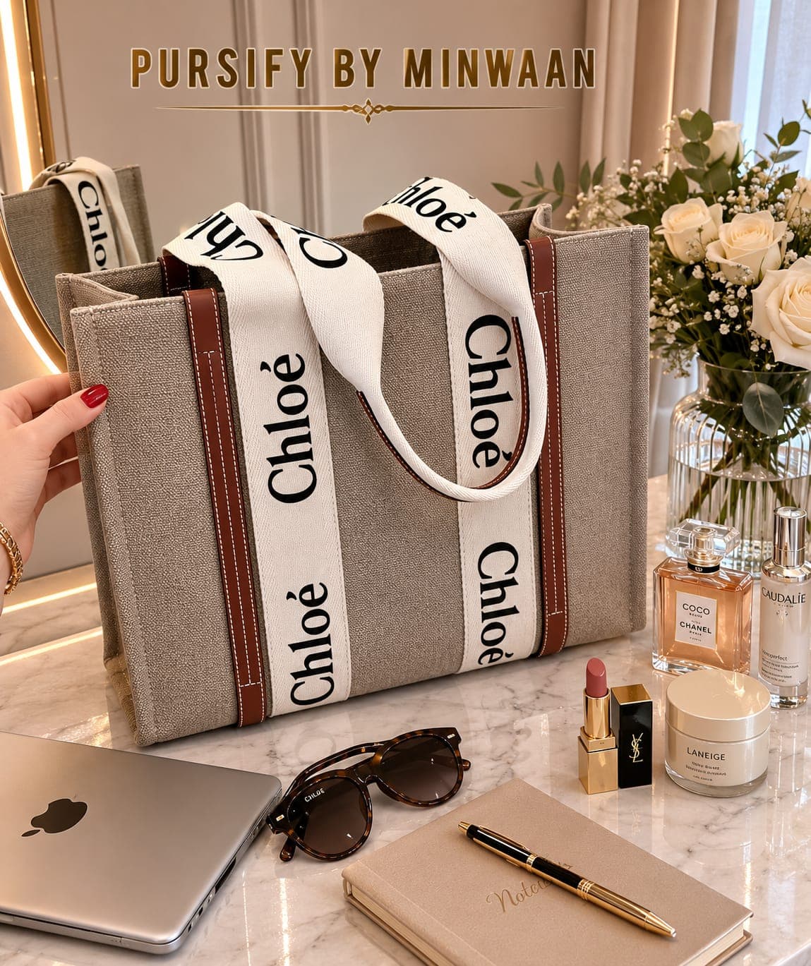 Chloe Tote by Pursify by Minwaan — grey woven canvas with leather trim
